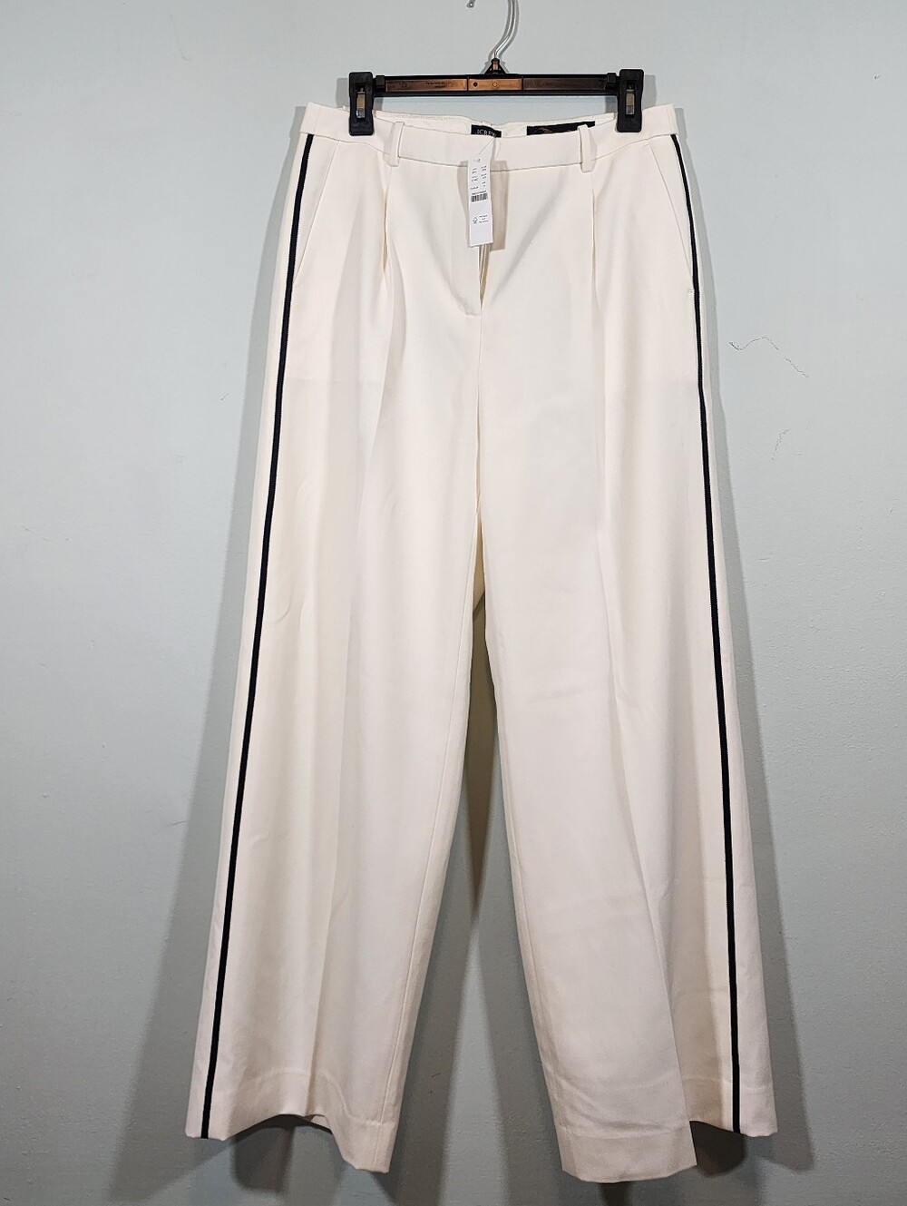 J Crew Ora Tessuti Essential Wide Leg Pants Womens Cream w/ Black Stripe